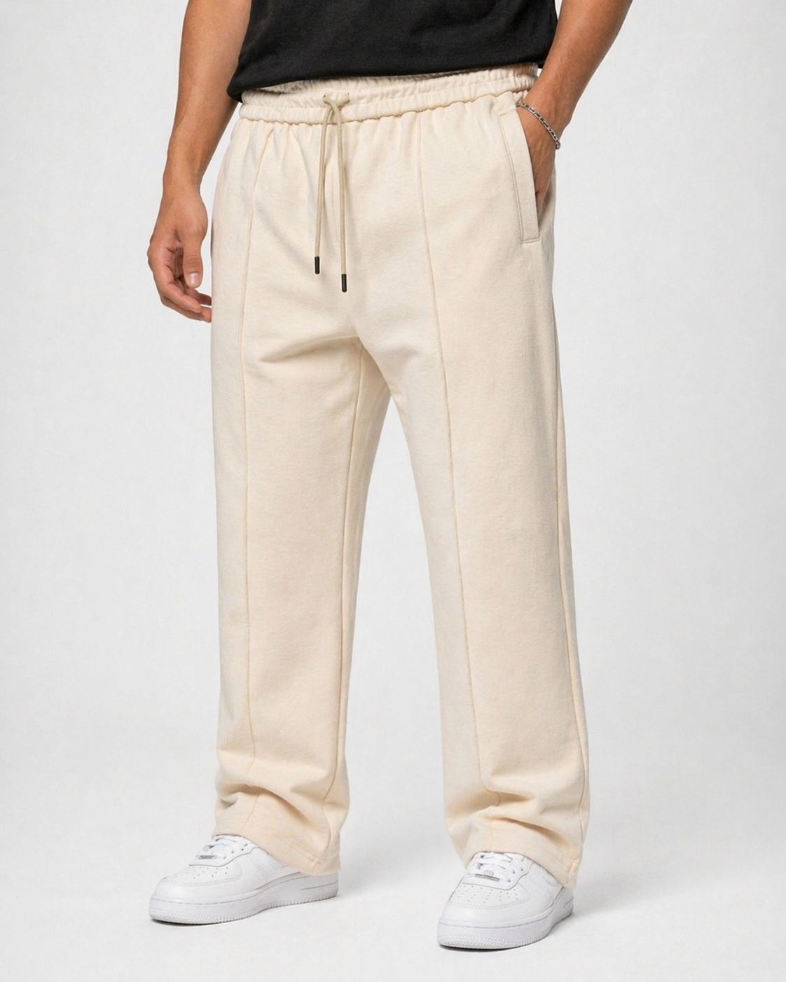 Relaxed Fit Baggy Trousers with Drawstring Waist & Front Stitch Lining
