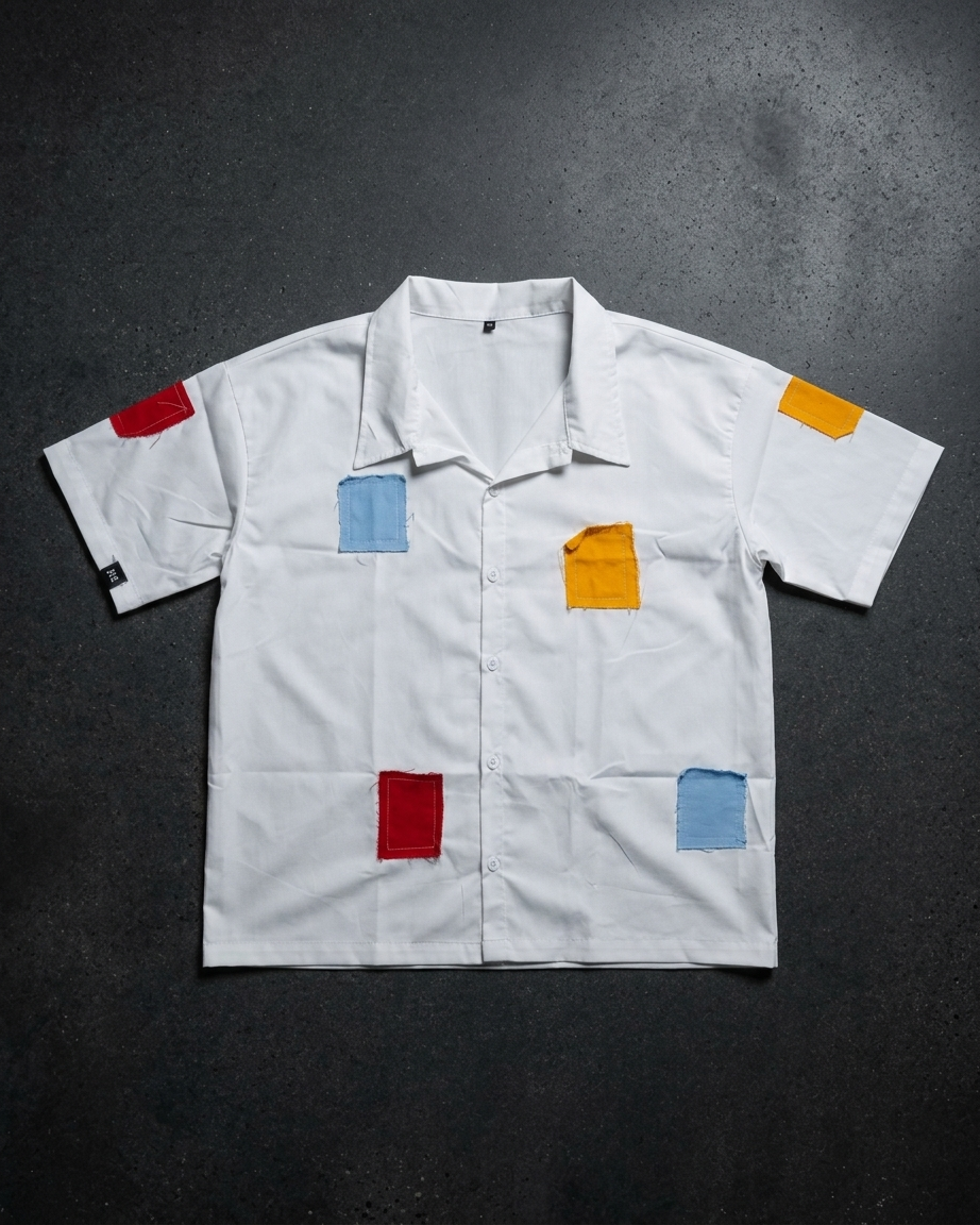 Abstract Patchwork Button-Down Cuban Collar Shirt