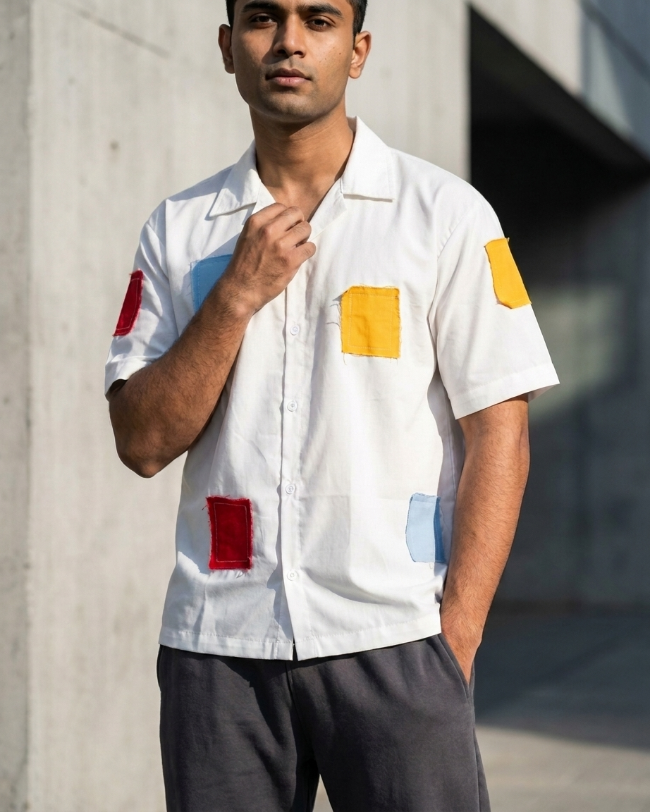 Abstract Patchwork Button-Down Cuban Collar Shirt